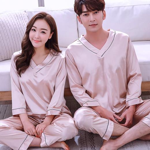 【睡衣】*情侣真丝睡衣韩版可爱冰丝女夏季长袖春秋季男士套装薄款家居秋季 商品图13