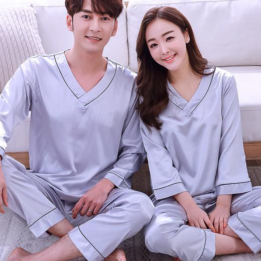 【睡衣】*情侣真丝睡衣韩版可爱冰丝女夏季长袖春秋季男士套装薄款家居秋季 商品图11