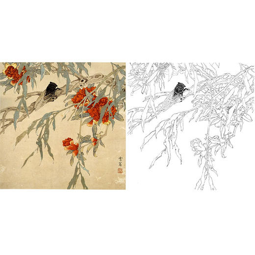 陳之佛工筆花鳥白描底稿榴花鳴蟬斗方小品冊頁qa54