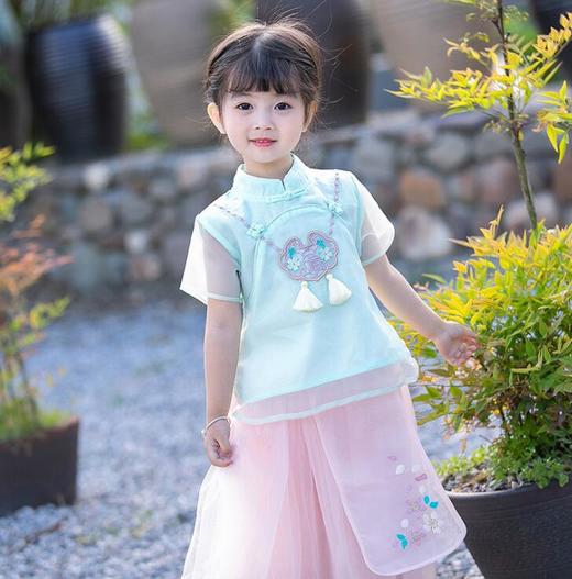 儿童唐装女童汉服改良超仙女宝纱裙夏装中国风套装福锁刺绣两件套
