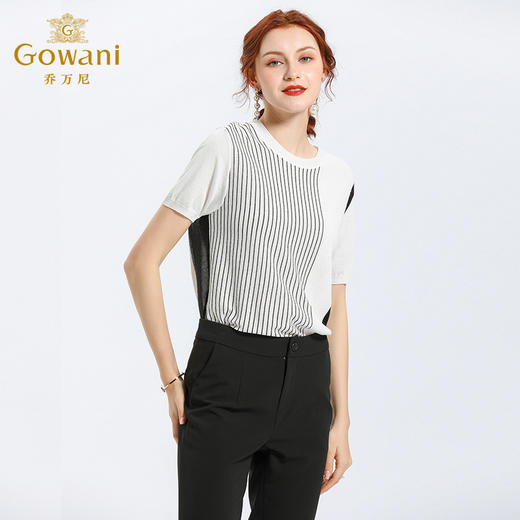 乔万尼夏季时尚条纹宽松直筒气质短款针织短袖女上衣薄款EN2M595 商品图2