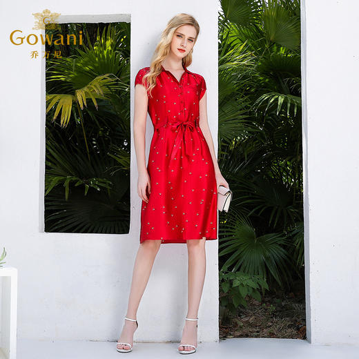 乔万尼真丝连衣裙夏印花修身收腰红色桑蚕丝衬衫裙中长款EN2E532 商品图1