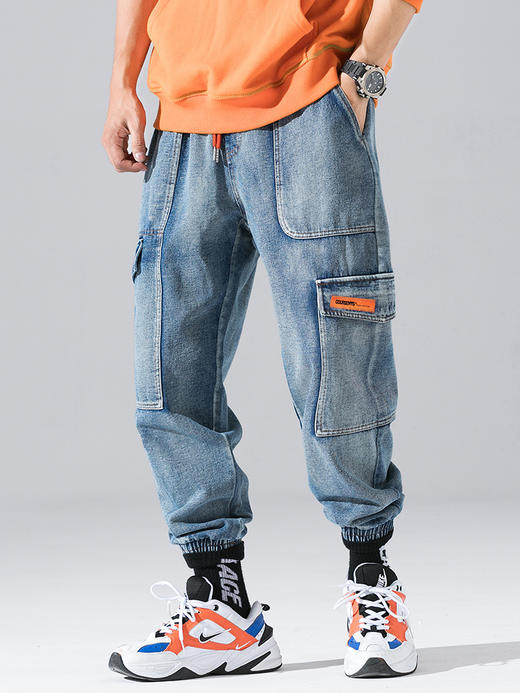 cargo牛仔工装裤男潮牌束脚日系加厚收口宽松长裤子多口袋哈伦裤