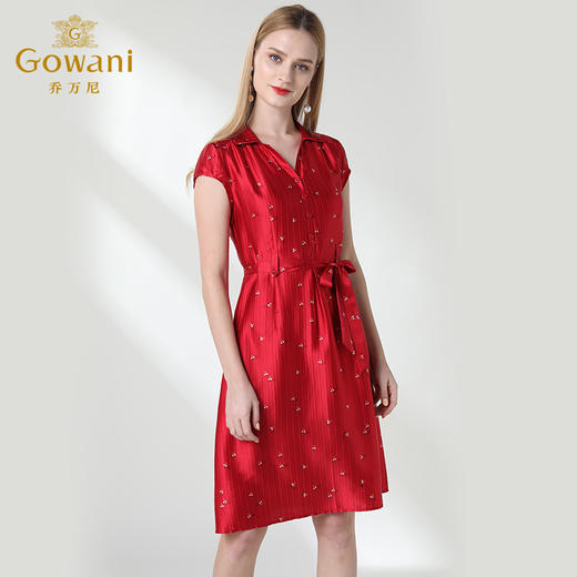 乔万尼真丝连衣裙夏印花修身收腰红色桑蚕丝衬衫裙中长款EN2E532 商品图3