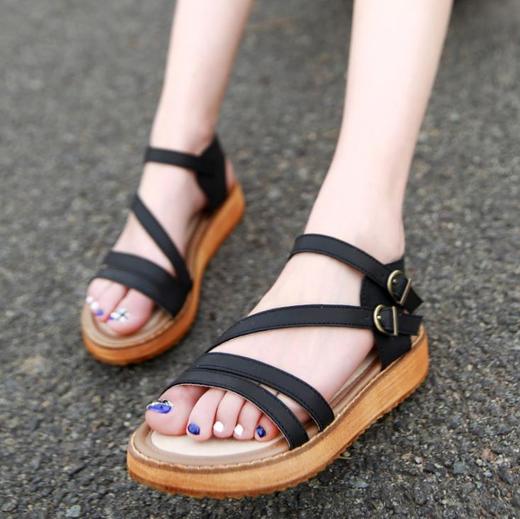 【服饰鞋包】*夏平底凉鞋女上新韩版松糕厚底大码女鞋绑带一字搭扣罗马凉鞋 商品图2