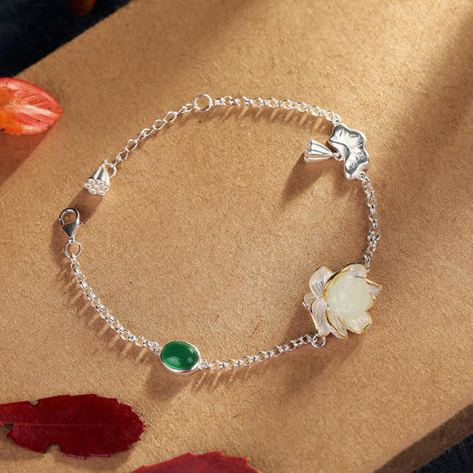 s925纯银镶嵌和田玉莲蓬花高档手链hbl1966