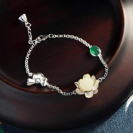 s925纯银镶嵌和田玉莲蓬花高档手链hbl1966