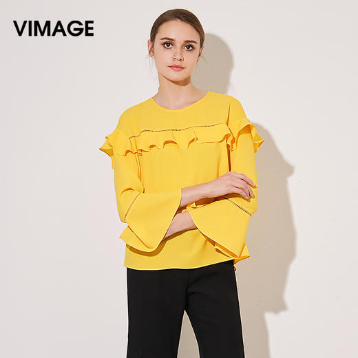 VIMAGE纬漫纪夏季女装木耳花边七分喇叭袖雪纺衫T恤上衣V913524 商品图1