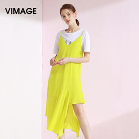 VIMAGE纬漫纪女装秋季新品无袖中长款纯色开叉背带连衣裙V1007639