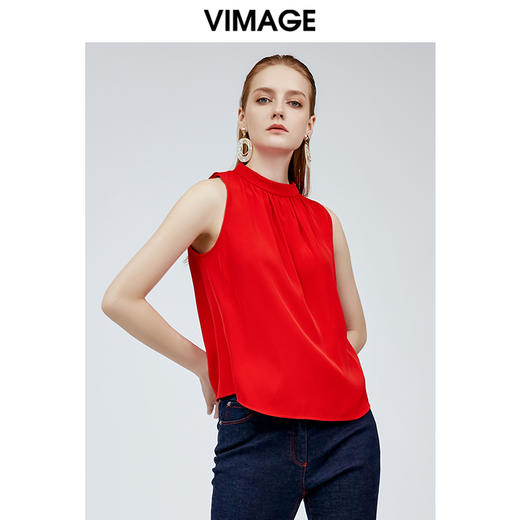 vimage纬漫纪夏季设计感小众轻熟气质无袖红色雪纺上衣女V1113707 商品图2