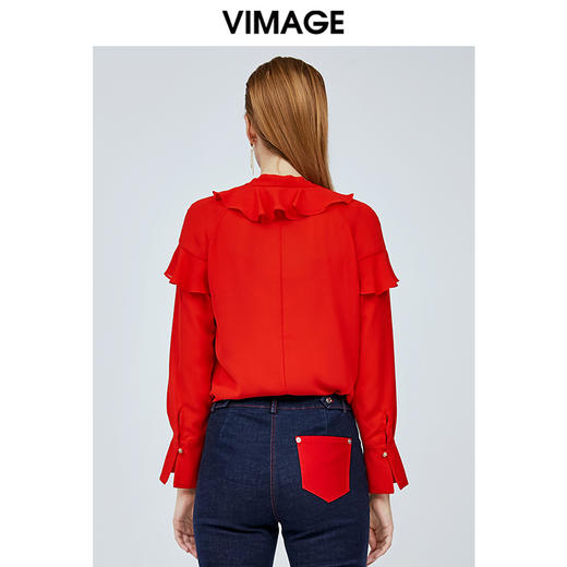 vimage纬漫纪雪纺衬衫女设计感小众红色衬衣女新款长袖上衣V1109712 商品图3