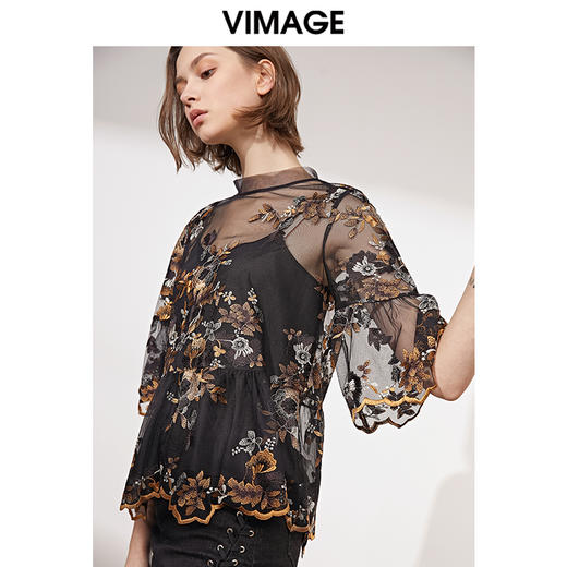 VIMAGE纬漫纪女装春季五分袖雪纺上衣女立领绣花蕾丝衫V1113701 商品图0