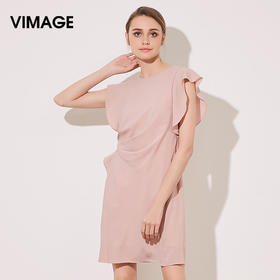 VIMAGE纬漫纪夏季女装雪纺飞飞袖抽皱直筒连衣裙中裙夏V907587