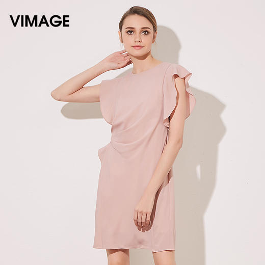 VIMAGE纬漫纪夏季女装雪纺飞飞袖抽皱直筒连衣裙中裙夏V907587 商品图0