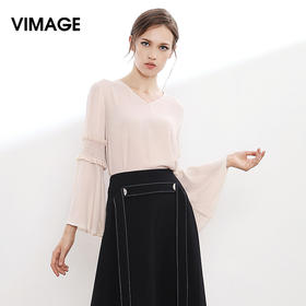 VIMAGE纬漫纪秋季女装拼接花边喇叭袖宽松修身雪纺衫上衣V913514
