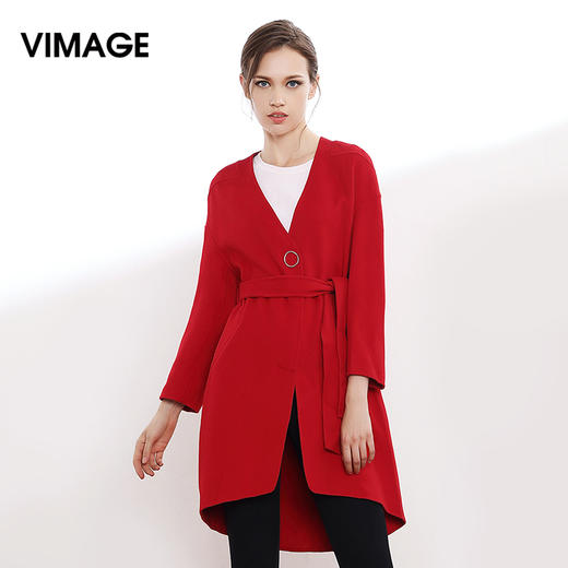 VIMAGE纬漫纪秋季九分袖V领羊毛毛呢外套中长款呢大衣女V914504 商品图0