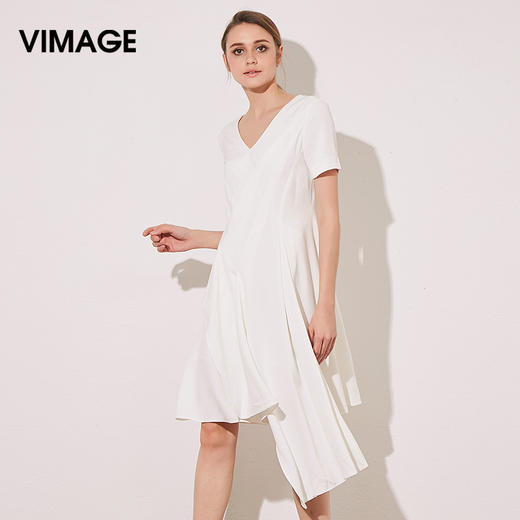 VIMAGE纬漫纪夏季新款女装V领短袖不对称裙摆中长款连衣裙V707393 商品图1
