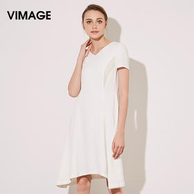 VIMAGE纬漫纪夏季新款女装V领通勤A字高腰短袖连衣裙中长裙子V707390