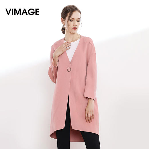 VIMAGE纬漫纪秋季九分袖V领羊毛毛呢外套中长款呢大衣女V914504 商品图1