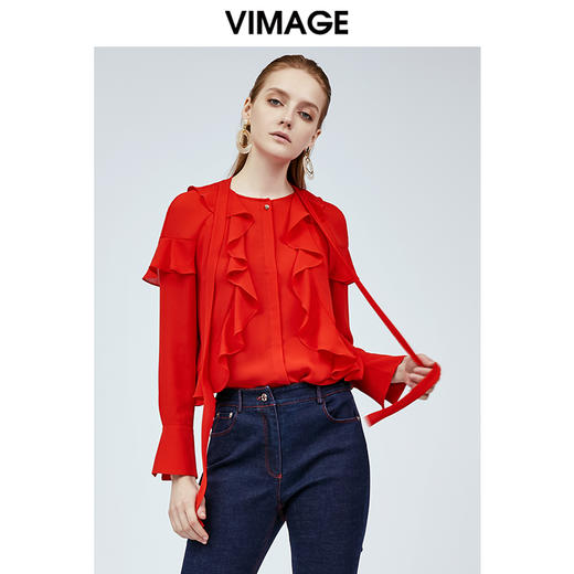 vimage纬漫纪雪纺衬衫女设计感小众红色衬衣女新款长袖上衣V1109712 商品图2
