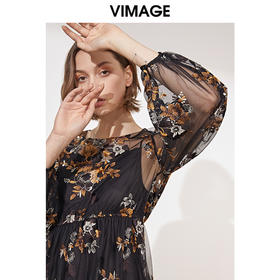 VIMAGE纬漫纪春装款女高腰长袖网纱蕾丝很仙的法国小众连衣裙V1107703