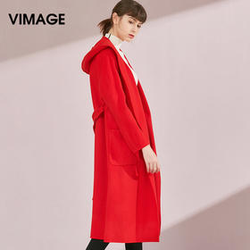 VIMAGE纬漫纪品牌女装冬季修身羊毛大衣连帽毛呢外套女V1014619