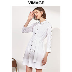 VIMAGE纬漫纪春季金属扣门襟收腰气质韩版衬衫白色连衣裙V1107707