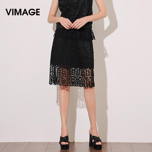 VIMAGE纬漫纪夏季女装蕾丝镂空直筒包臀半裙半身裙短裙女V906502 商品图0