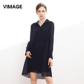 VIMAGE纬漫纪秋季女装衬衫领长袖拼接披肩雪纺连衣裙中裙V9075103