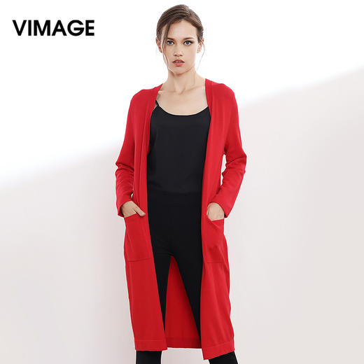 VIMAGE纬漫纪品牌女装早秋针织衫女中长款红色开衫外套V901502 商品图0