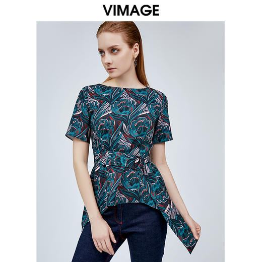 vimage纬漫纪设计师品牌雪纺上衣女夏花色百搭短袖雪纺衫V1113715 商品图2