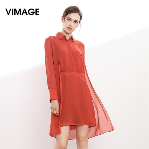 VIMAGE纬漫纪秋季女装衬衫领长袖拼接披肩雪纺连衣裙中裙V9075103 商品图1
