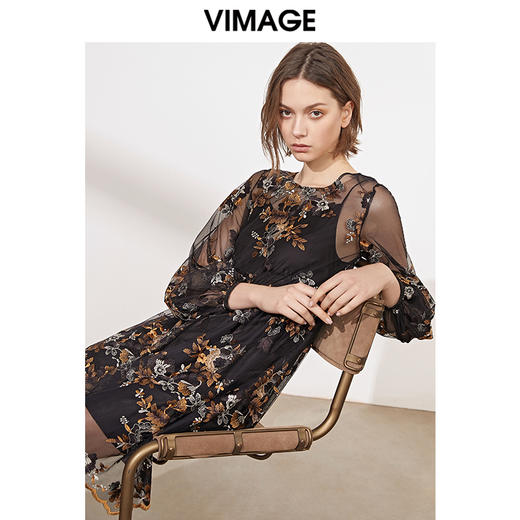 VIMAGE纬漫纪春装款女高腰长袖网纱蕾丝很仙的法国小众连衣裙V1107703 商品图2
