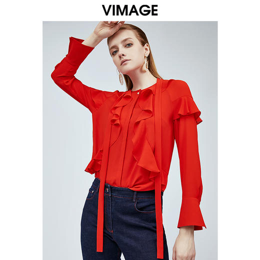 vimage纬漫纪雪纺衬衫女设计感小众红色衬衣女新款长袖上衣V1109712 商品图1