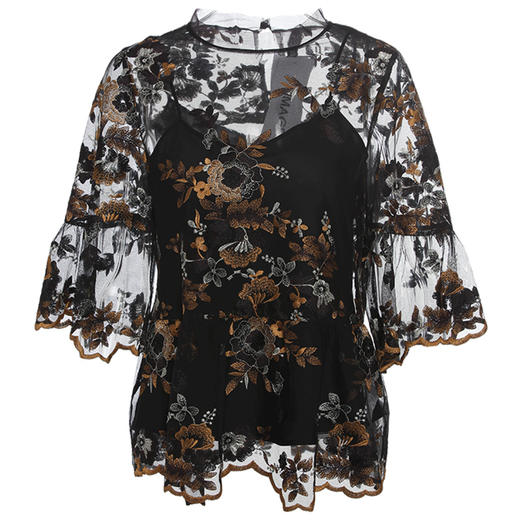 VIMAGE纬漫纪女装春季五分袖雪纺上衣女立领绣花蕾丝衫V1113701 商品图4