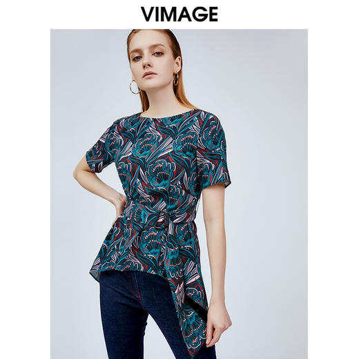 vimage纬漫纪设计师品牌雪纺上衣女夏花色百搭短袖雪纺衫V1113715 商品图0