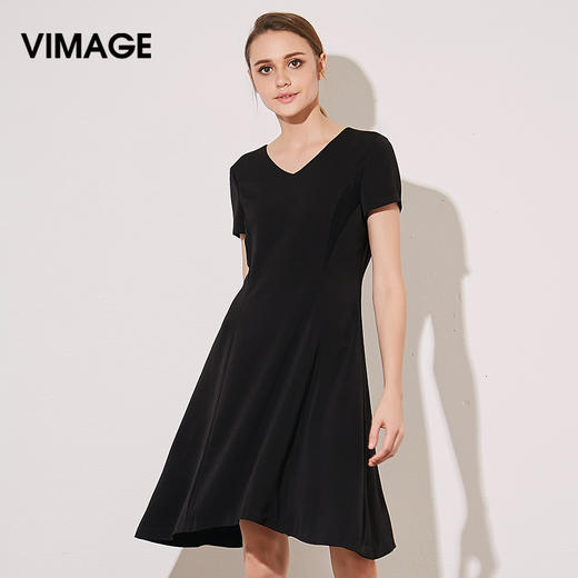 VIMAGE纬漫纪夏季新款女装V领通勤A字高腰短袖连衣裙中长裙子V707390 商品图1