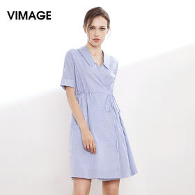 VIMAGE纬漫纪早秋海军领抽绳收腰简约条纹短袖连衣裙中裙V907553