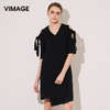 VIMAGE纬漫纪夏季新款女装黑色露肩不对称五分袖V领连衣裙V907580 商品缩略图0