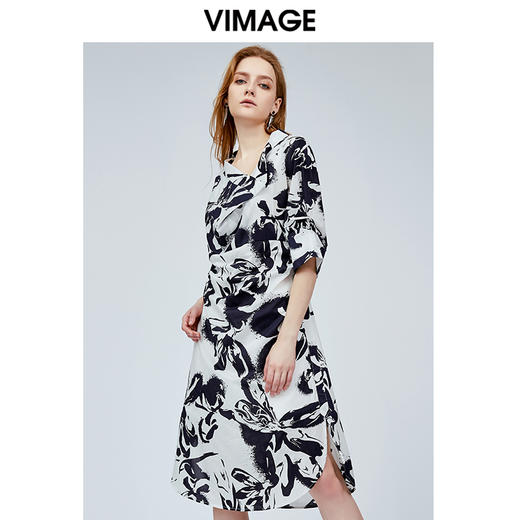 vimage纬漫纪设计师品牌时尚短袖泼墨印花连衣裙夏裙子V1107717 商品图0