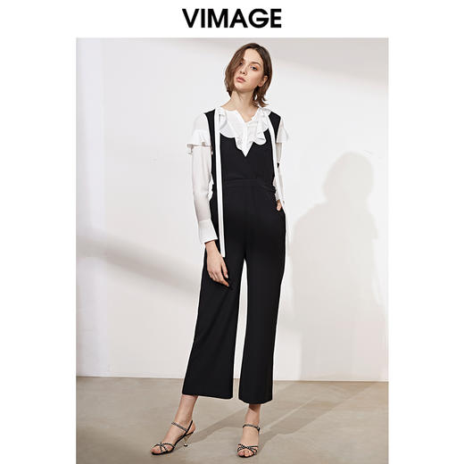 VIMAGE纬漫纪春季黑色商务时尚显瘦V领肩带连体裤V1107715 商品图1