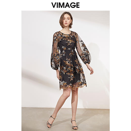 VIMAGE纬漫纪春装款女高腰长袖网纱蕾丝很仙的法国小众连衣裙V1107703 商品图1