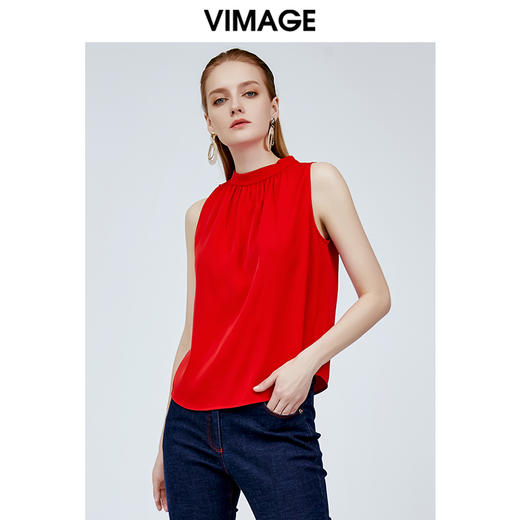 vimage纬漫纪夏季设计感小众轻熟气质无袖红色雪纺上衣女V1113707 商品图0