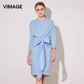 VIMAGE纬漫纪夏季新款蝴蝶结系带七分袖棉质连衣裙纯色中裙V907541
