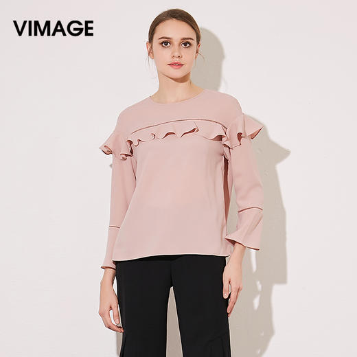 VIMAGE纬漫纪夏季女装木耳花边七分喇叭袖雪纺衫T恤上衣V913524 商品图0