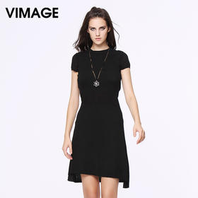 VIMAGE纬漫纪夏新款女装弹力高腰修身显瘦针织连衣裙 短袖V701306