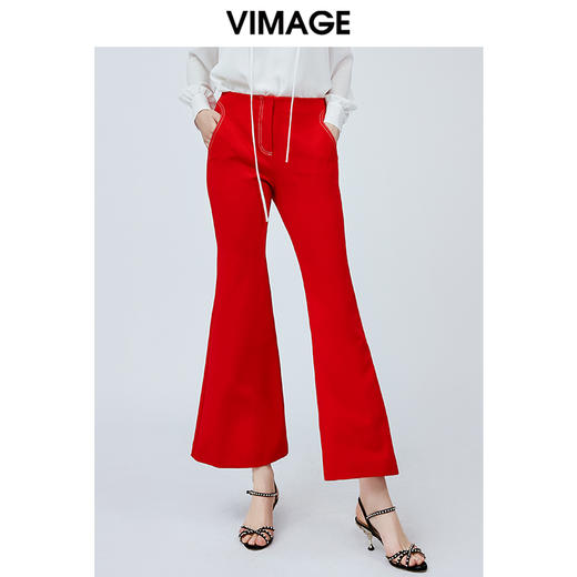 vimage纬漫纪春夏季高腰显瘦百搭微喇裤休闲裤红色长裤V1105708 商品图2