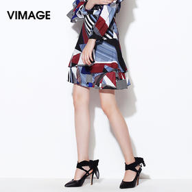 VIMAGE纬漫纪春秋新款短款高腰几何图案半身裙不对称A字裙女V806401