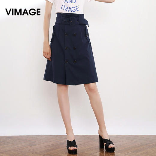 VIMAGE纬漫纪品牌女装秋款大码休闲半身裙女高腰英伦系带中裙V906506 商品图1