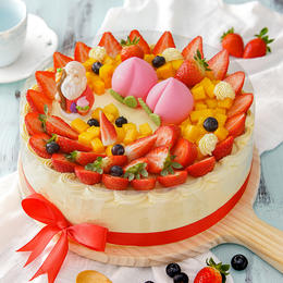 【福禄双星蛋糕】鲜红的草莓、黄艳的芒果，吉祥仙翁和寿桃点缀其上，寓意长辈富贵、长寿~（可选2/3/4磅）